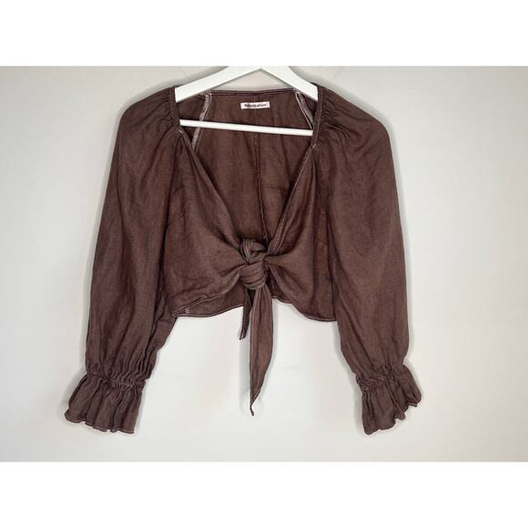 Reformation 100% Linen Puff Sleeve Tie Front Crop Blouse Brown Women's Size S - Picture 2 of 7